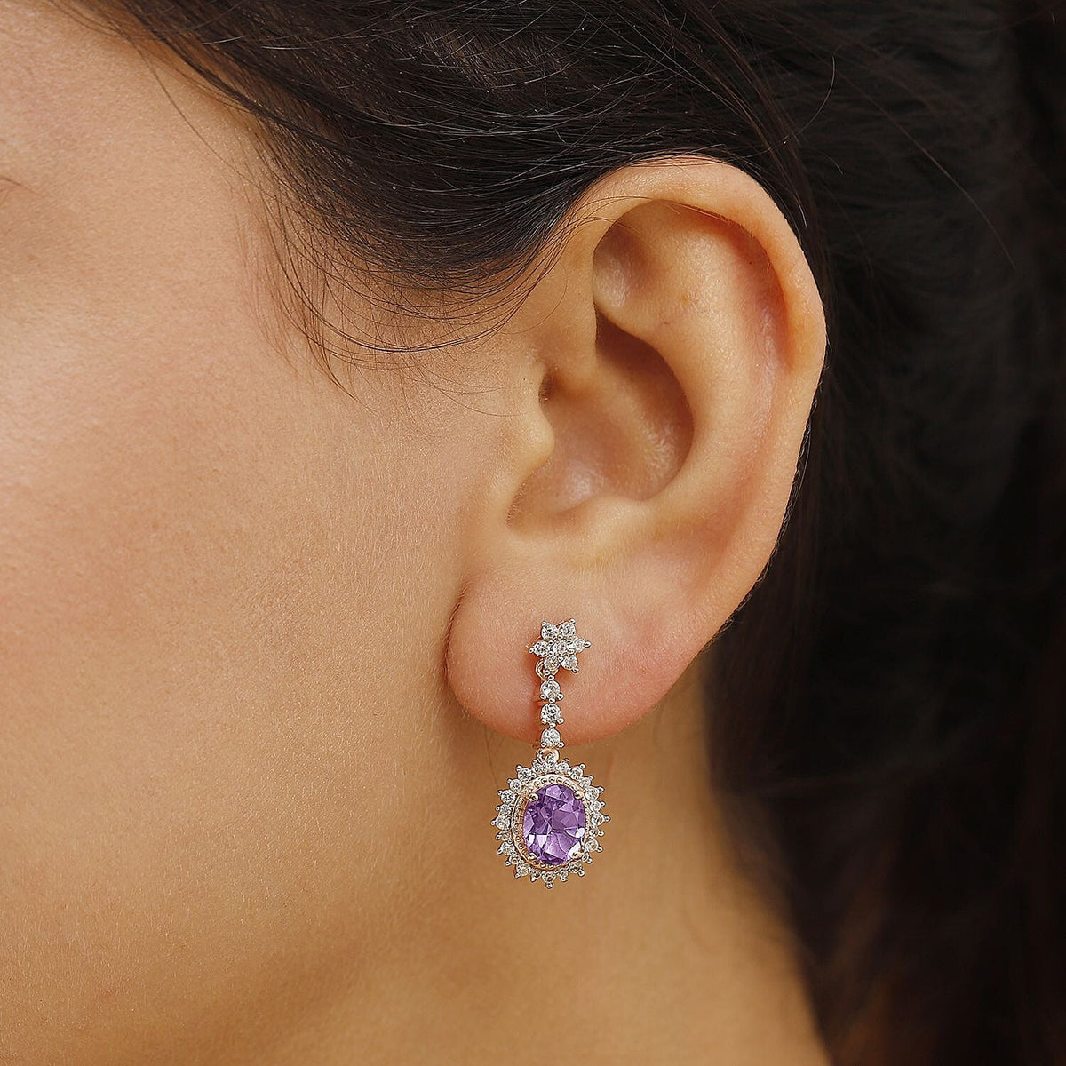 AAA Rose De France Amethyst and White Zircon Dangling Halo Earrings in 18K Vermeil Rose Gold Plated Sterling Silver 8040789 2
