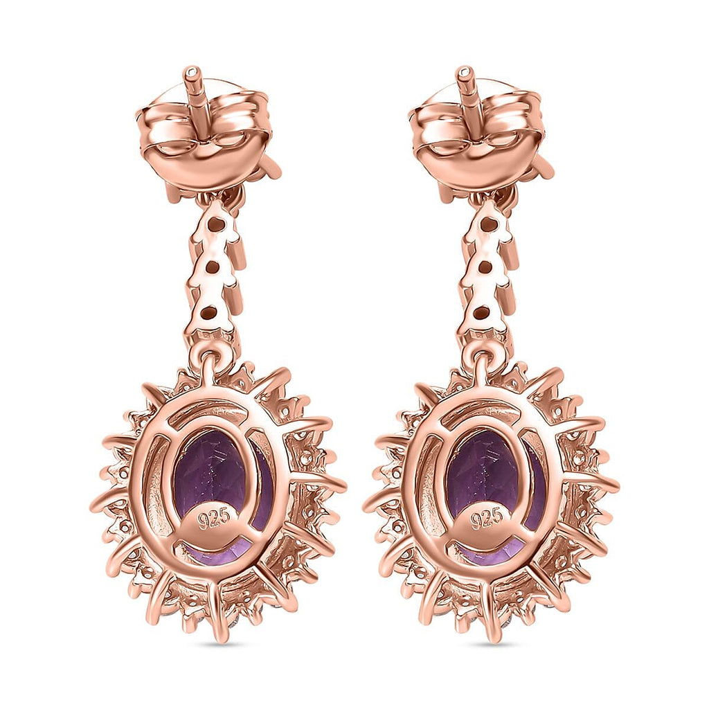 AAA Rose De France Amethyst & White Zircon Dangling Earring with Push Back in 18K Vermeil Rose Gold Plated Sterling Silver 5.23 Ct.