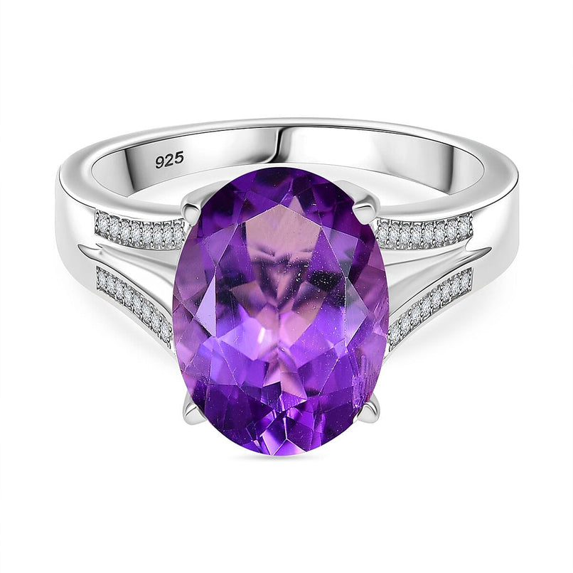 AAA Rose De France Amethyst & White Zircon Solitaire Ring in Rhodium Overlay Sterling Silver 5.68 Ct.