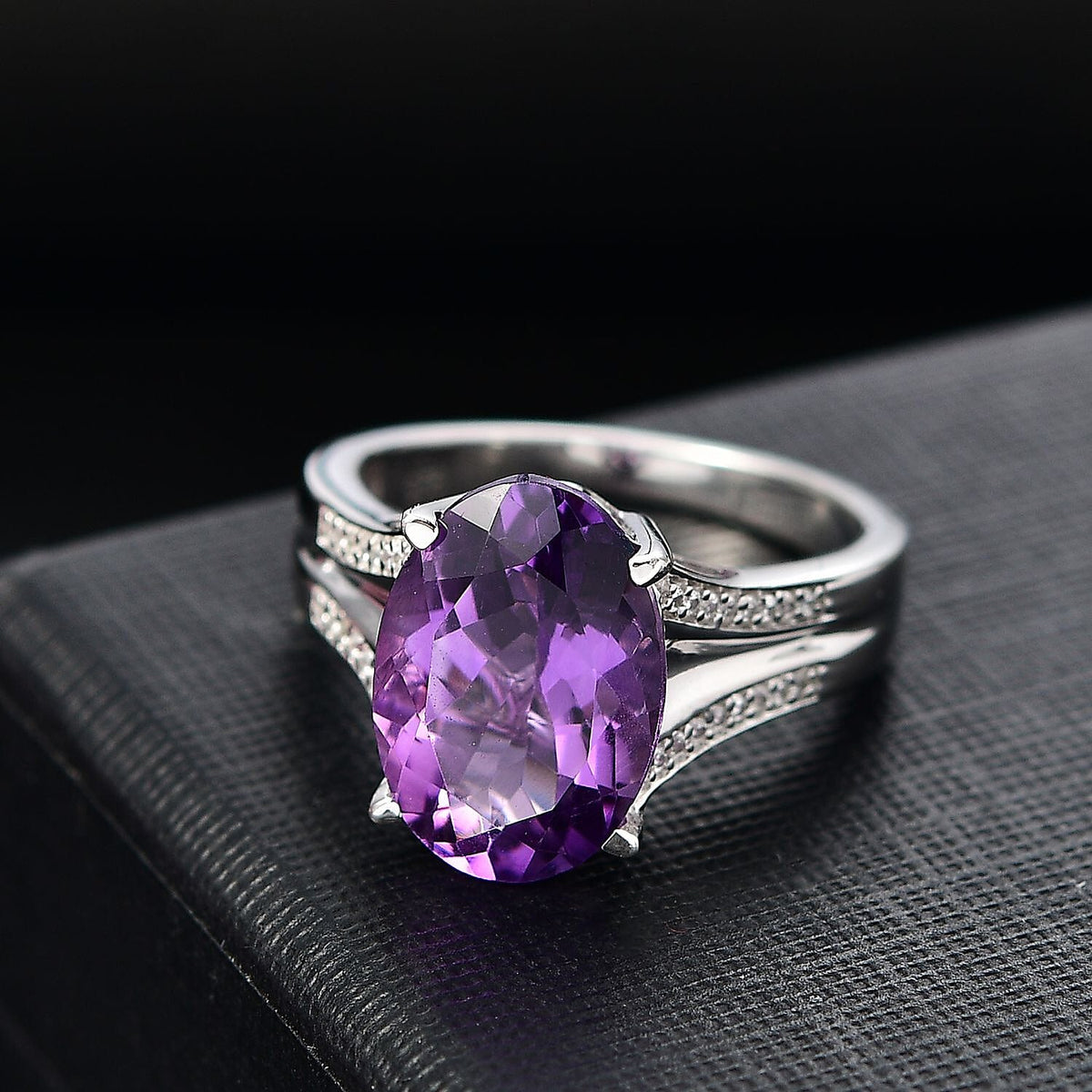 AAA Rose De France Amethyst and White Zircon Solitaire Ring in Rhodium Overlay Sterling Silver 8043432 2