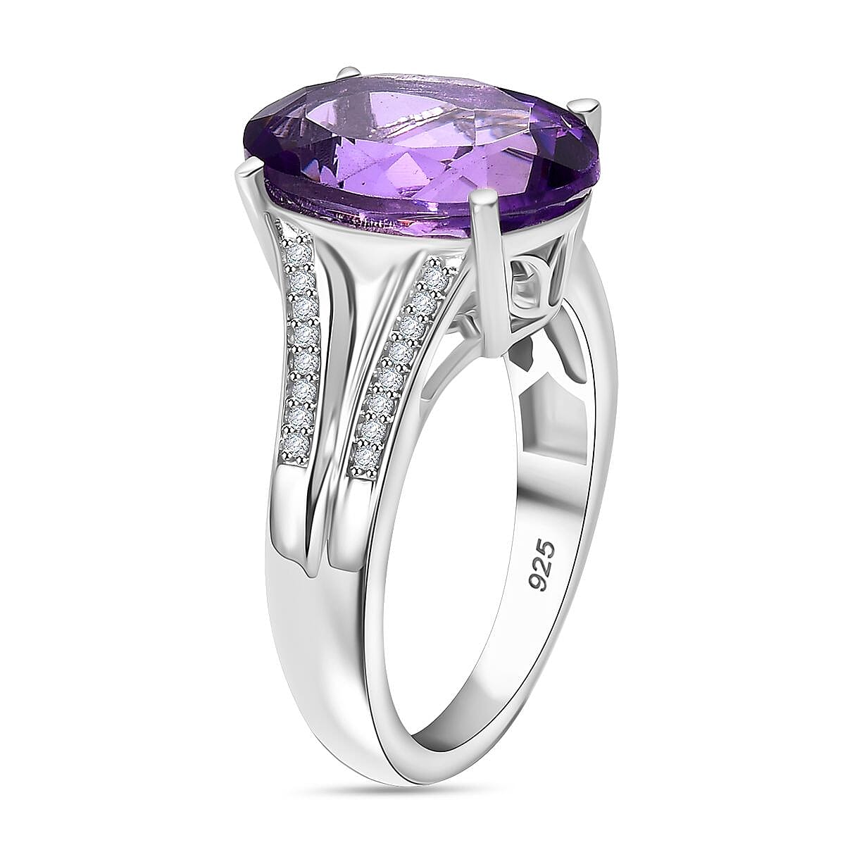 AAA Rose De France Amethyst and White Zircon Solitaire Ring in Rhodium Overlay Sterling Silver 8043432 4