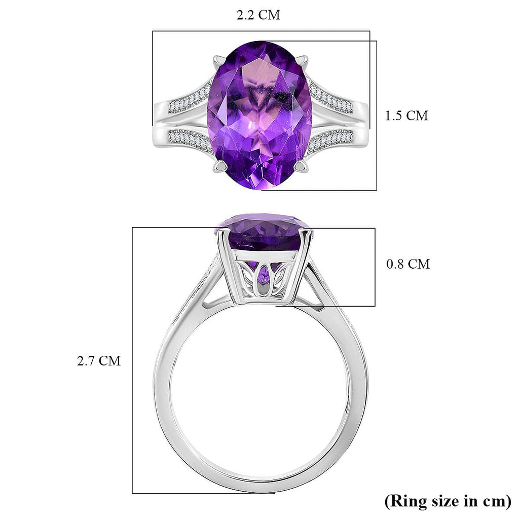 AAA Rose De France Amethyst & White Zircon Solitaire Ring in Rhodium Overlay Sterling Silver 5.68 Ct.