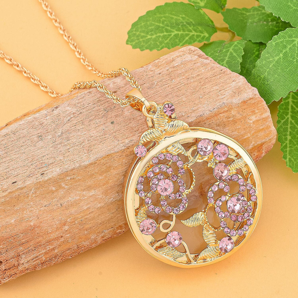Pink Austrian Crystal and Magnifying Glass Pendant with Chain (Size 24-2 Inch Extender) in Yellow Gold Tone 4128647 1