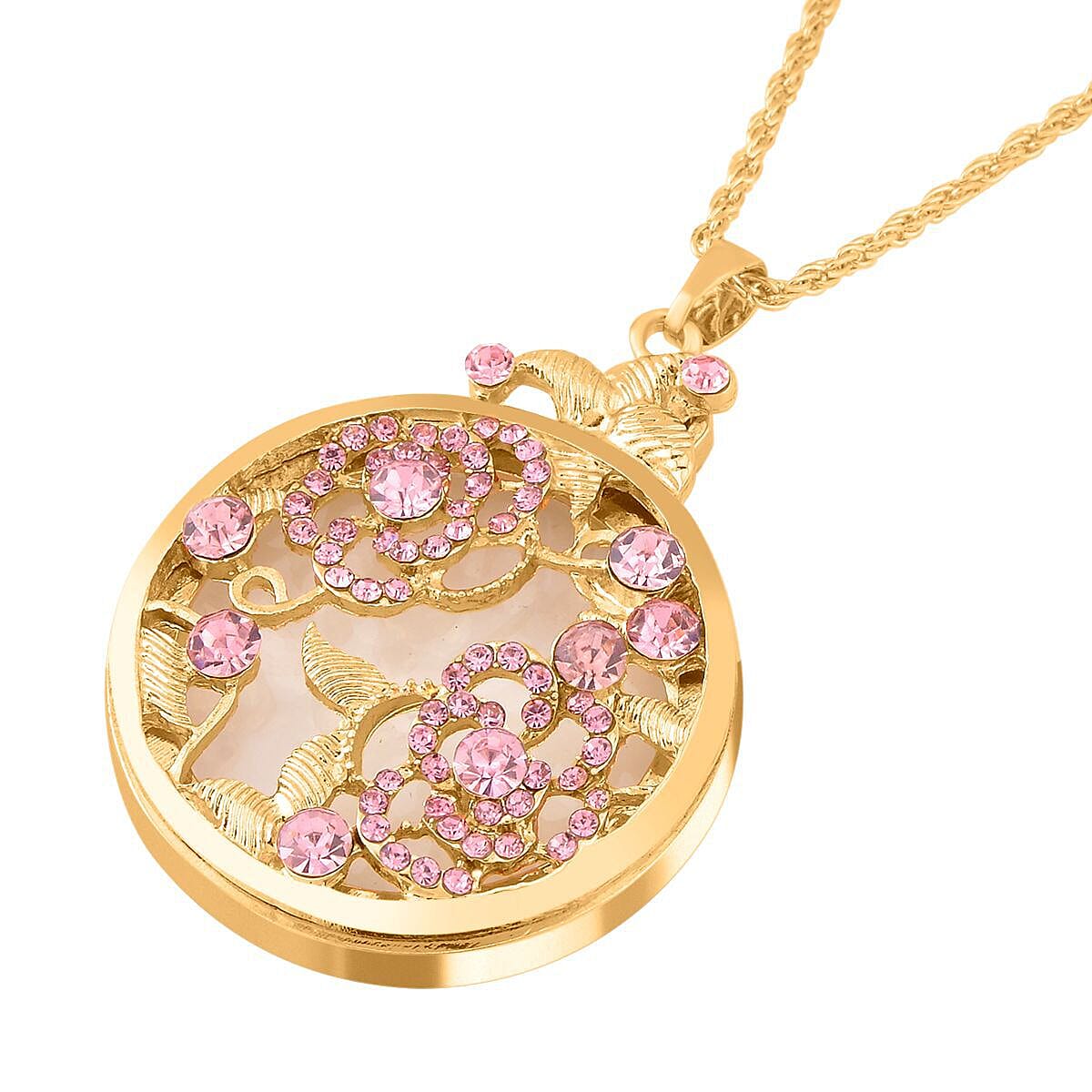 Pink Austrian Crystal and Magnifying Glass Pendant with Chain (Size 24-2 Inch Extender) in Yellow Gold Tone 4128647 2