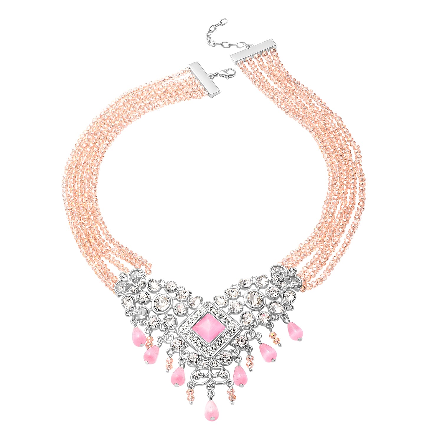 Pink Cat Eye, White Austrian Crystal, Simulated Diamond and Pink Colour Beads Necklace (Size 22) in Silver Tone 6326696 0