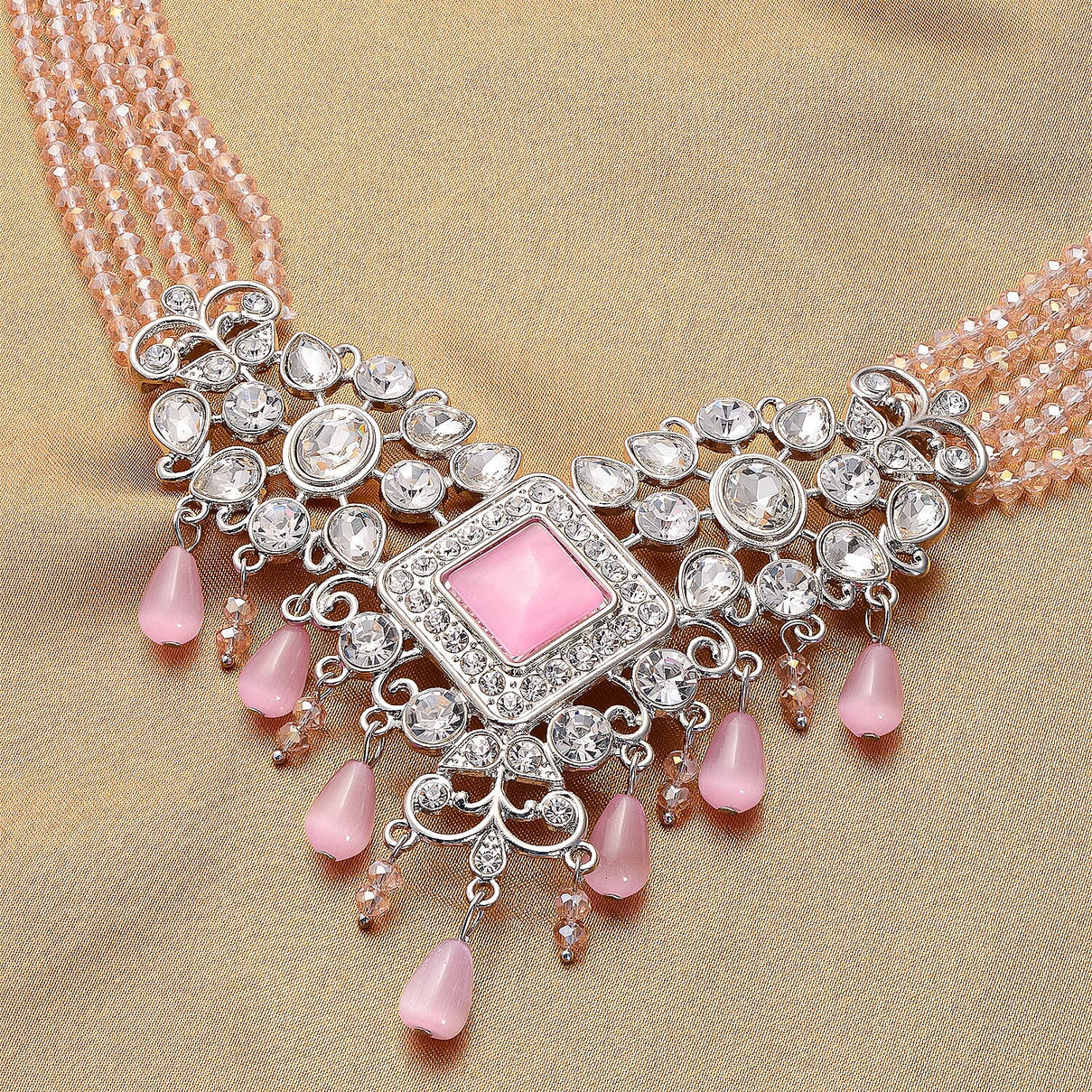 Pink Cat Eye, White Austrian Crystal, Simulated Diamond and Pink Colour Beads Necklace (Size 22) in Silver Tone 6326696 2