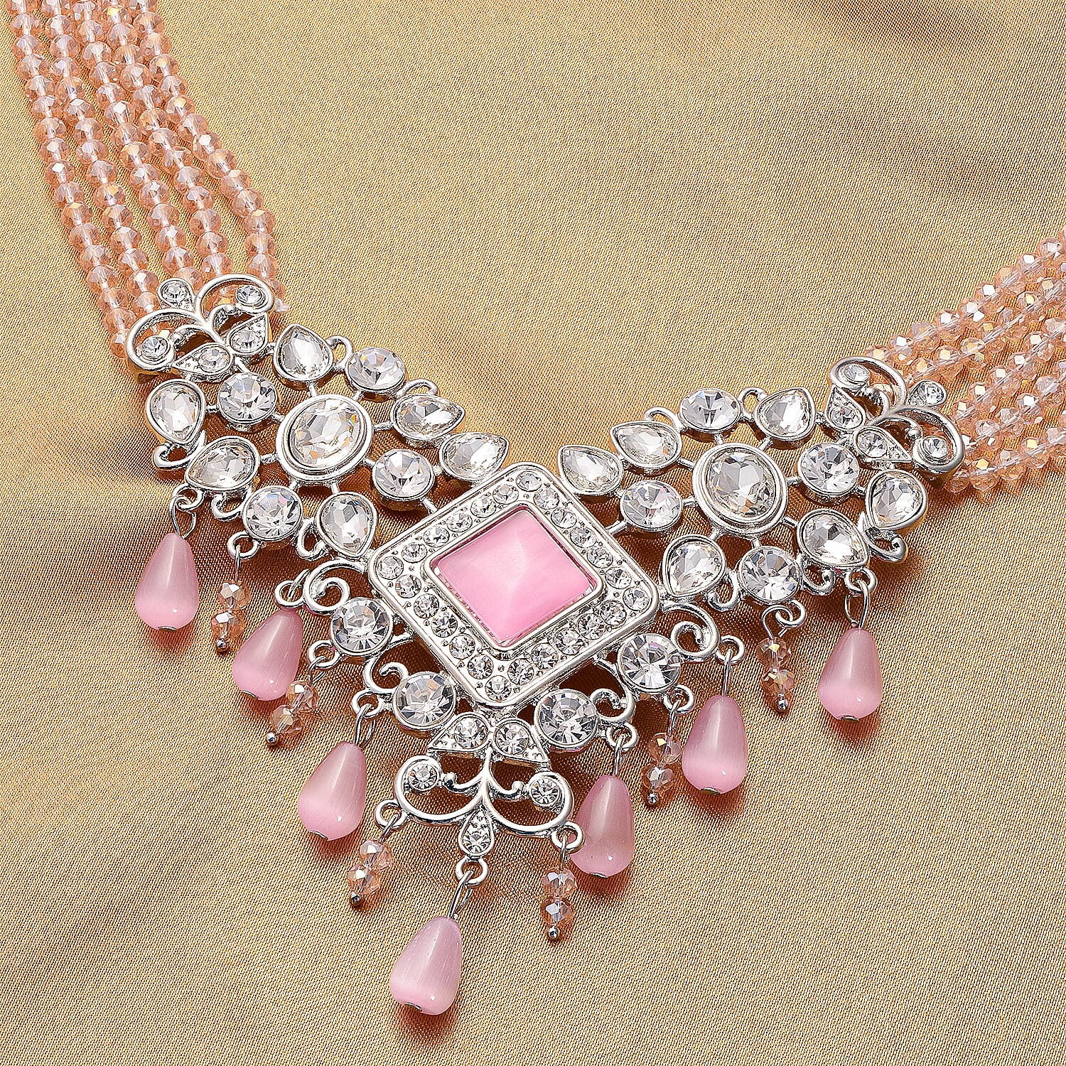 Pink Cat Eye, White Austrian Crystal, Simulated Diamond and Pink Colour Beads Necklace (Size 22) in Silver Tone 6326696 2