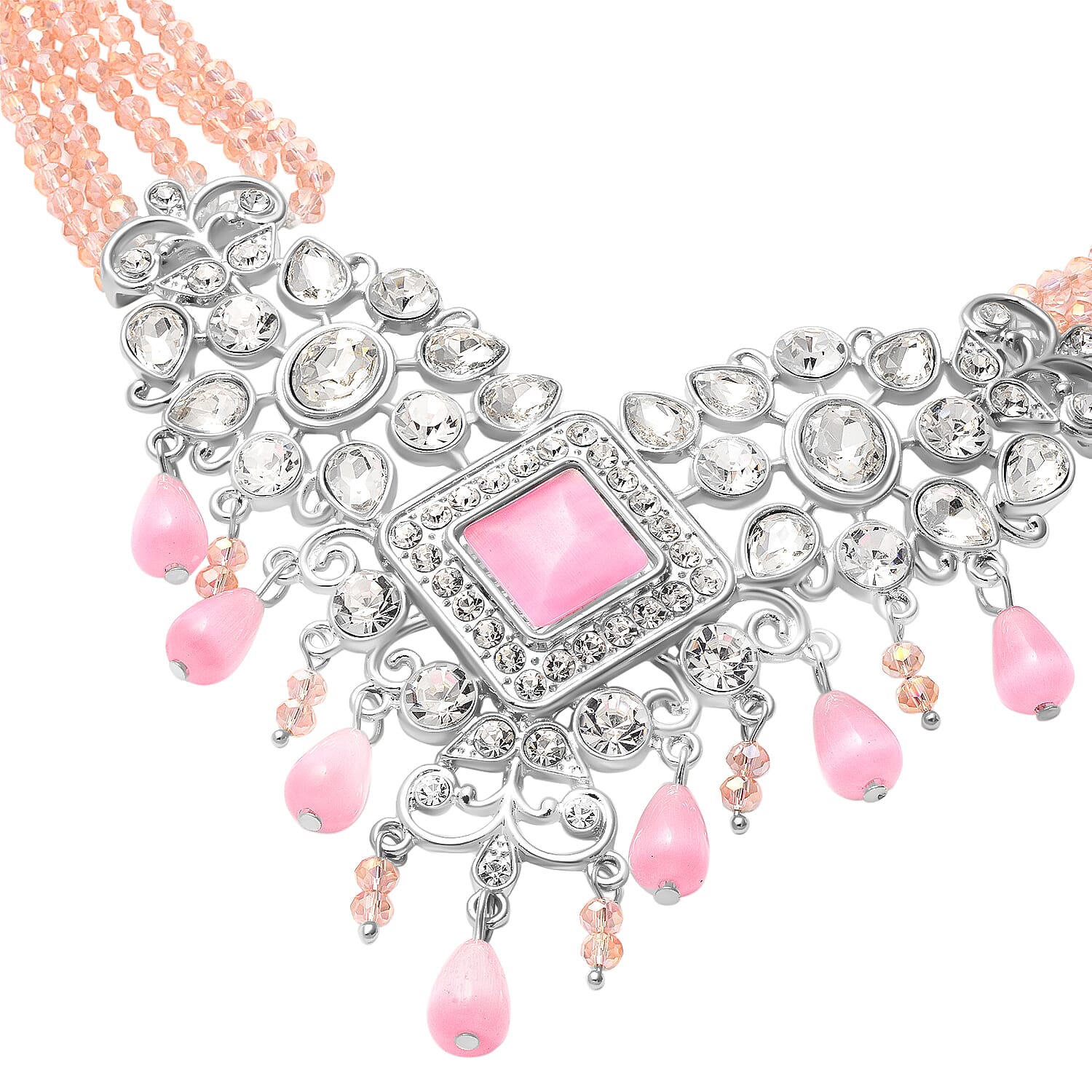 Pink Cat Eye, White Austrian Crystal, Simulated Diamond and Pink Colour Beads Necklace (Size 22) in Silver Tone 6326696 3