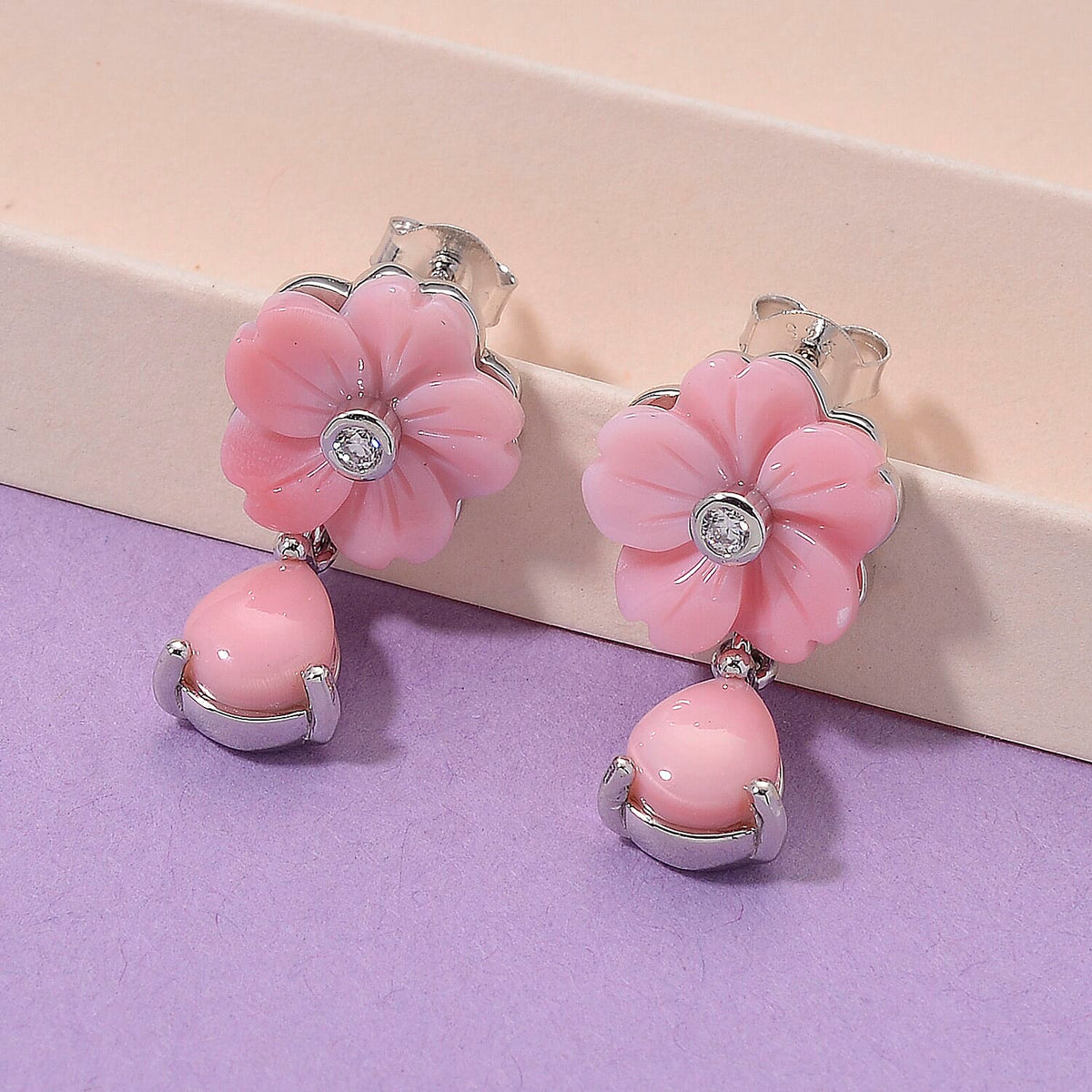 Queen Conch Shell and Moissanite Floral Drop Earring with Push Back in Rhodium Overlay Sterling Silver 8.27 Ct. 8187193 1