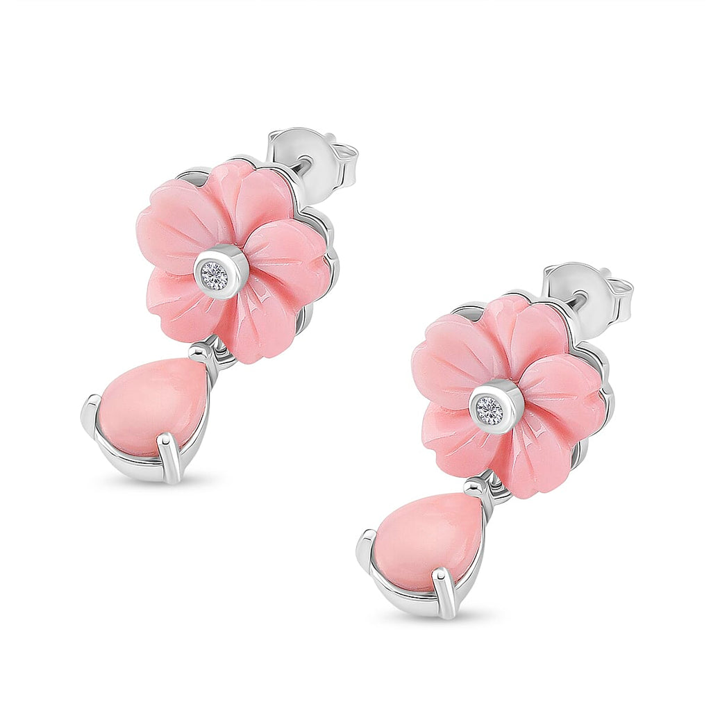 Queen Conch Shell & Moissanite Cluster Earring with Push Back in Rhodium Overlay Sterling Silver 8.27 Ct.