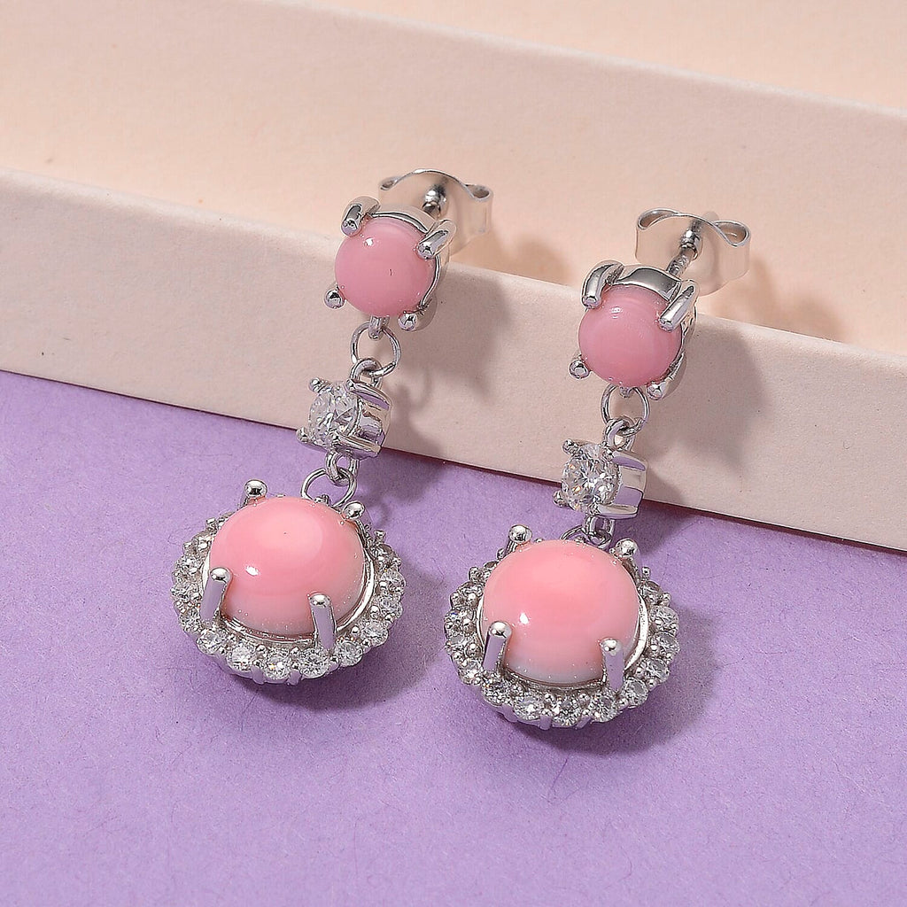 Queen Conch Shell & Moissanite Dangling Earring with Push Back in Rhodium Overlay Sterling Silver 5.80 Ct.