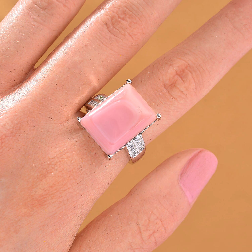 Queen Conch Shell & Moissanite Solitaire Ring in Rhodium Overlay Sterling Silver 10.87 Ct, Silver Wt. 5.40 Gms.