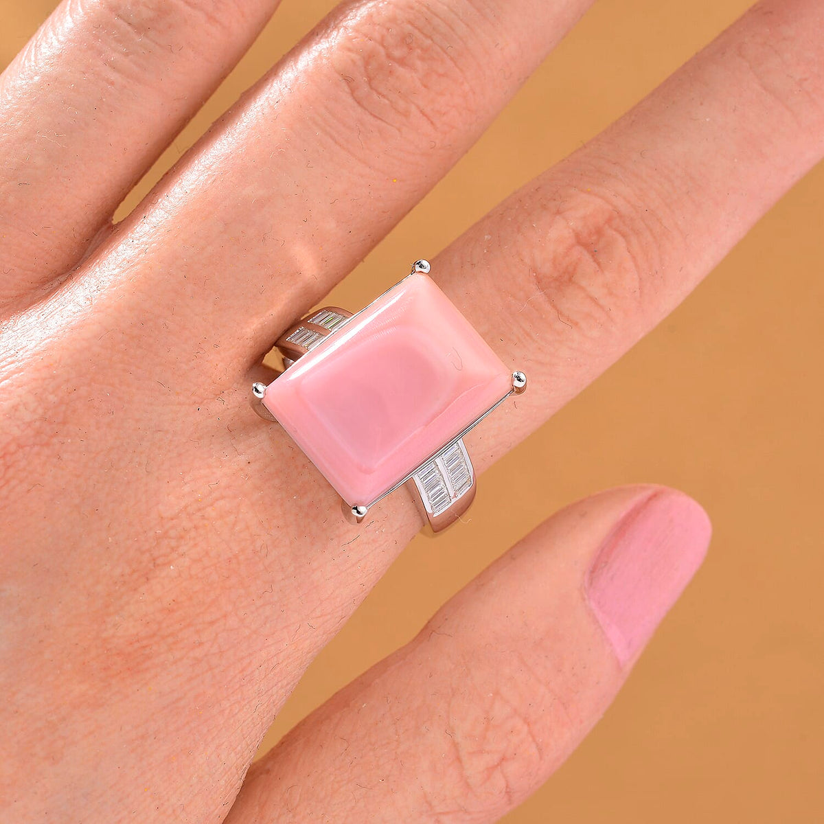 Pink Conch Shell and Moissanite Solitaire Ring in Rhodium Overlay Sterling Silver 10.87 Ct 8187145 2