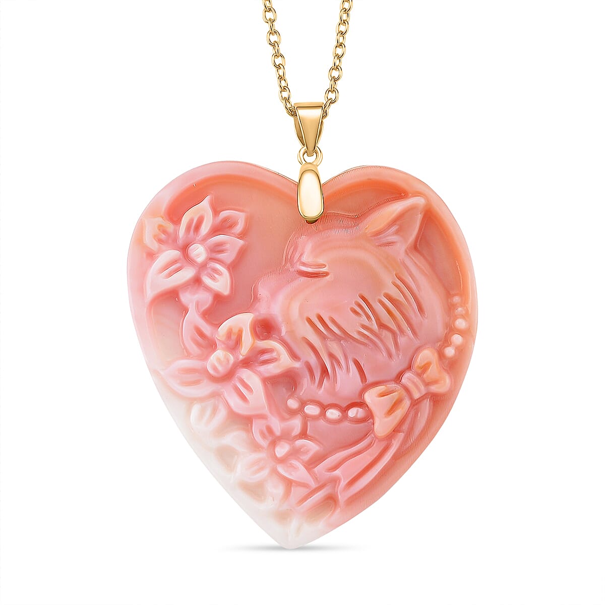 Pink Conch Shell Carved Heart Pendant with Chain (Size 20) in Sterling Silver with Yellow Gold Plating 70.00 Ct. 4396879 0