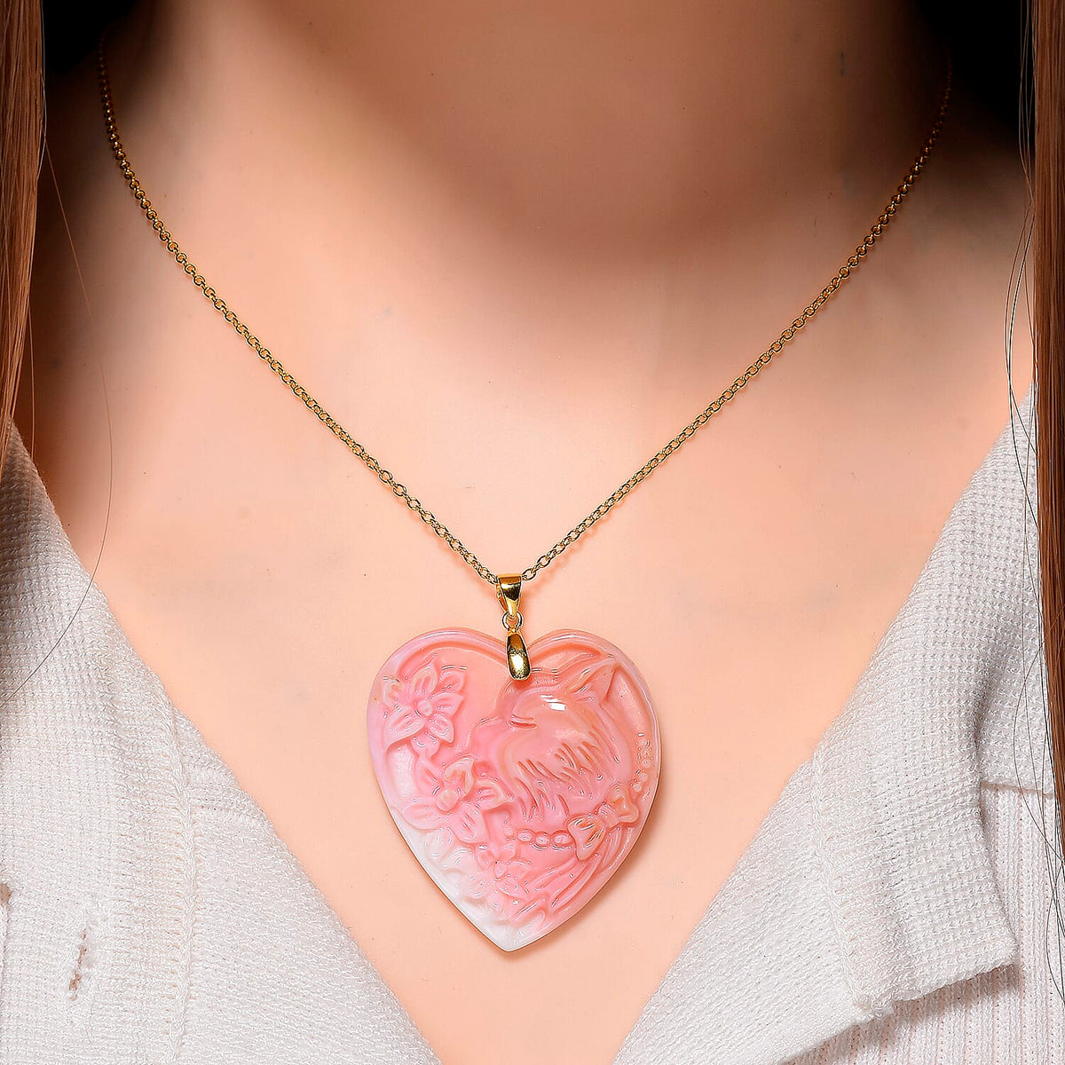 Pink Conch Shell Carved Heart Pendant with Chain (Size 20) in Sterling Silver with Yellow Gold Plating 70.00 Ct. 4396879 2