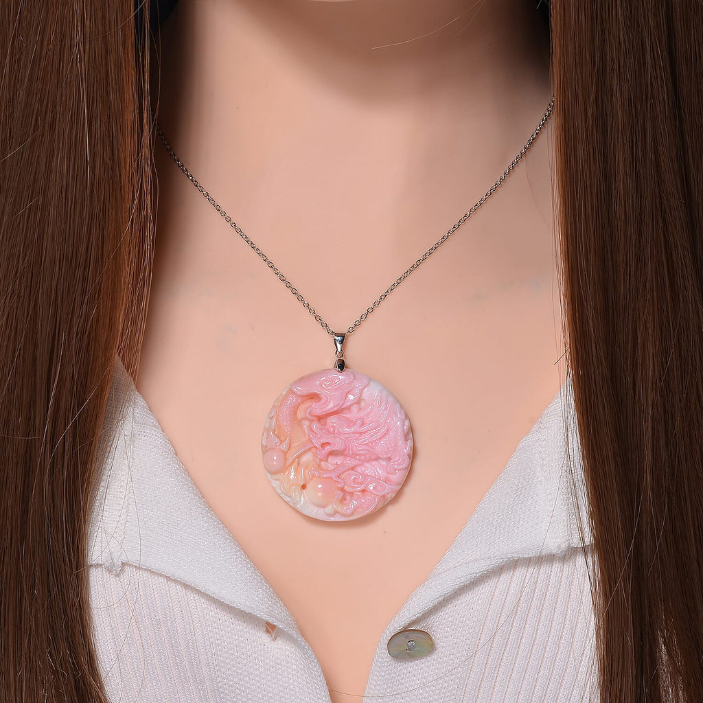 Pink Conch Shell Phoenix Pendant with Chain (Size 20) in Rhodium Sterling Silver 120.00 Ct.