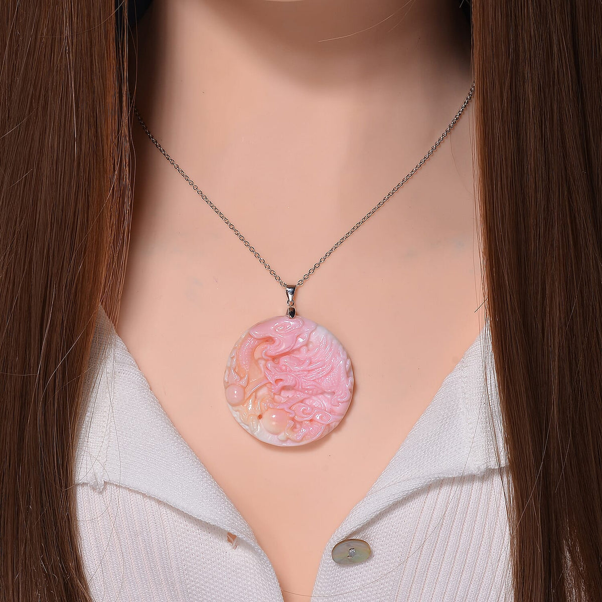 Pink Conch Shell Phoenix Pendant with Chain (Size 20) in Rhodium Sterling Silver 120.00 Ct. 4289721 1