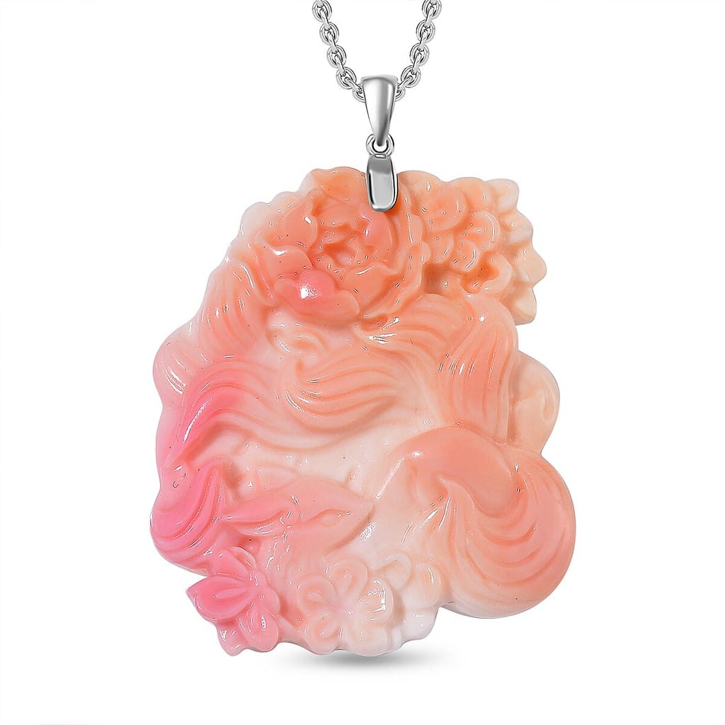 Queen Conch Shell Carved Deer Pendant with Chain (Size 20) in Rhodium Sterling Silver