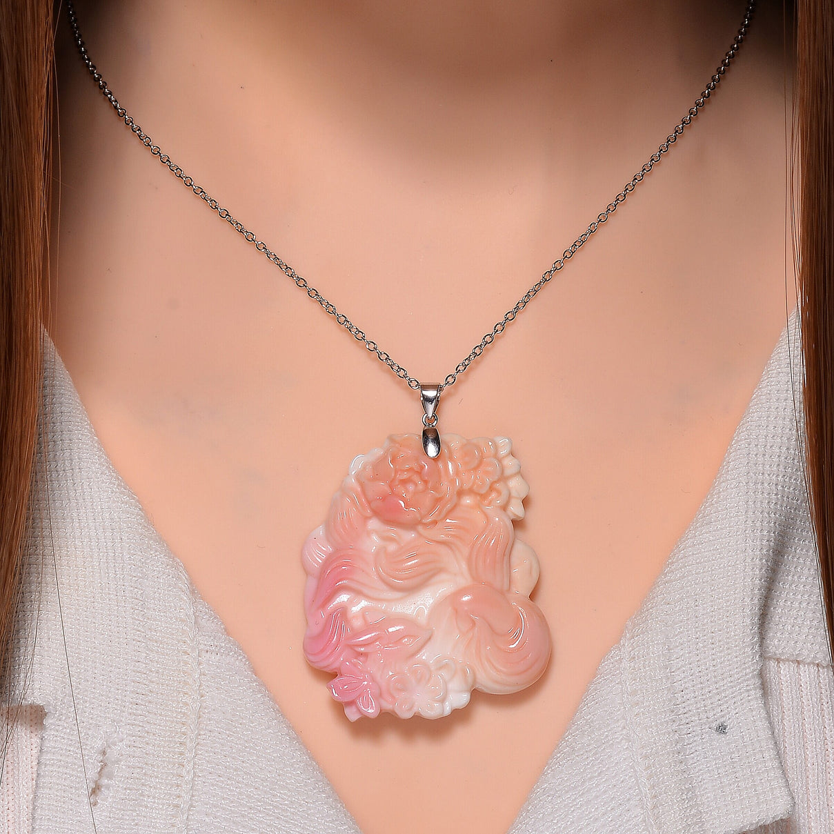 Queen Conch Shell Carved Deer Pendant with Chain (Size 20) in Rhodium Overlay Sterling Silver 4317519 2