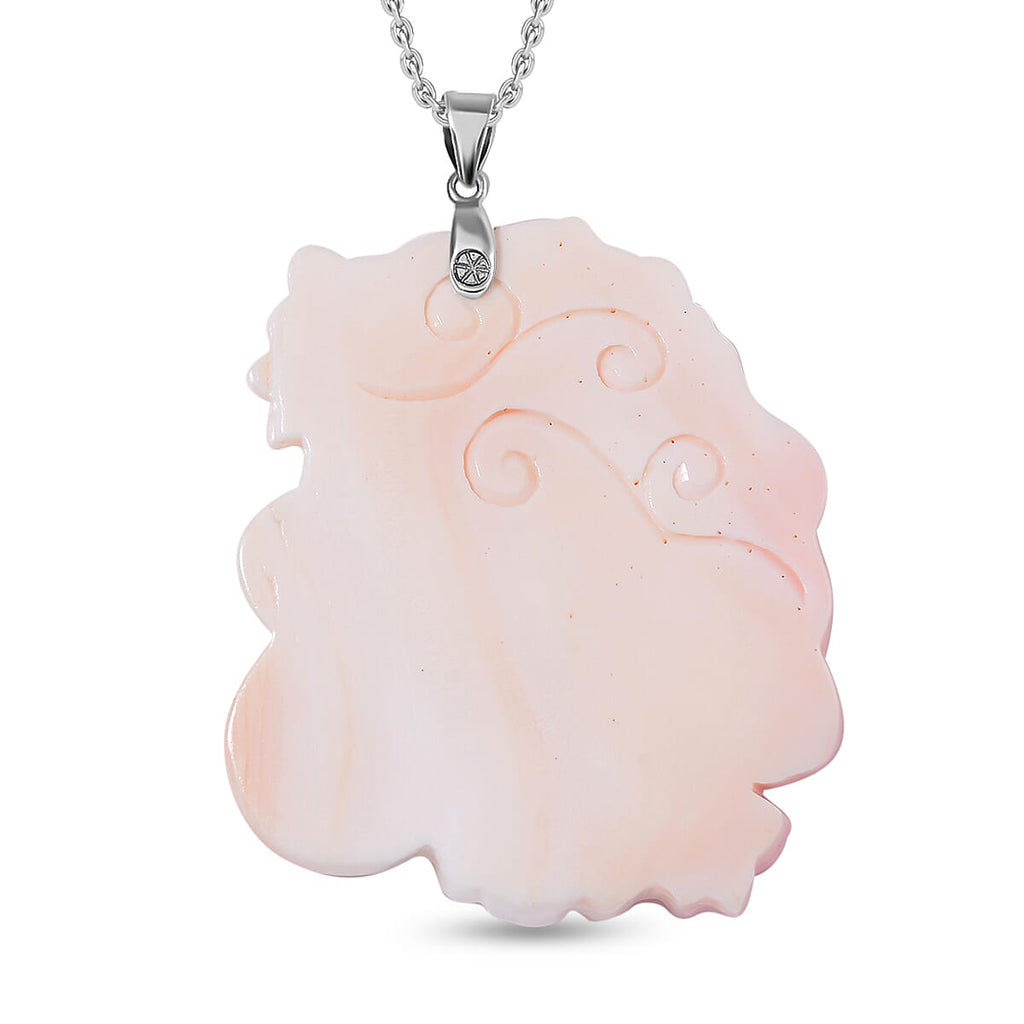 Queen Conch Shell Carved Deer Pendant with Chain (Size 20) in Rhodium Sterling Silver