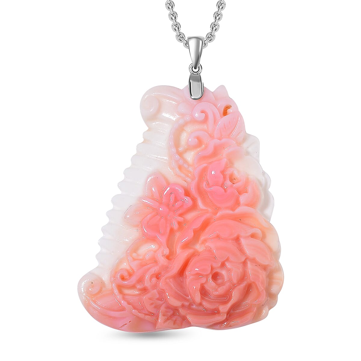 Carved Pink Conch Shell Pendant with Chain (Size 20) in Rhodium Overlay Sterling Silver 90 Ct. 4317520 0