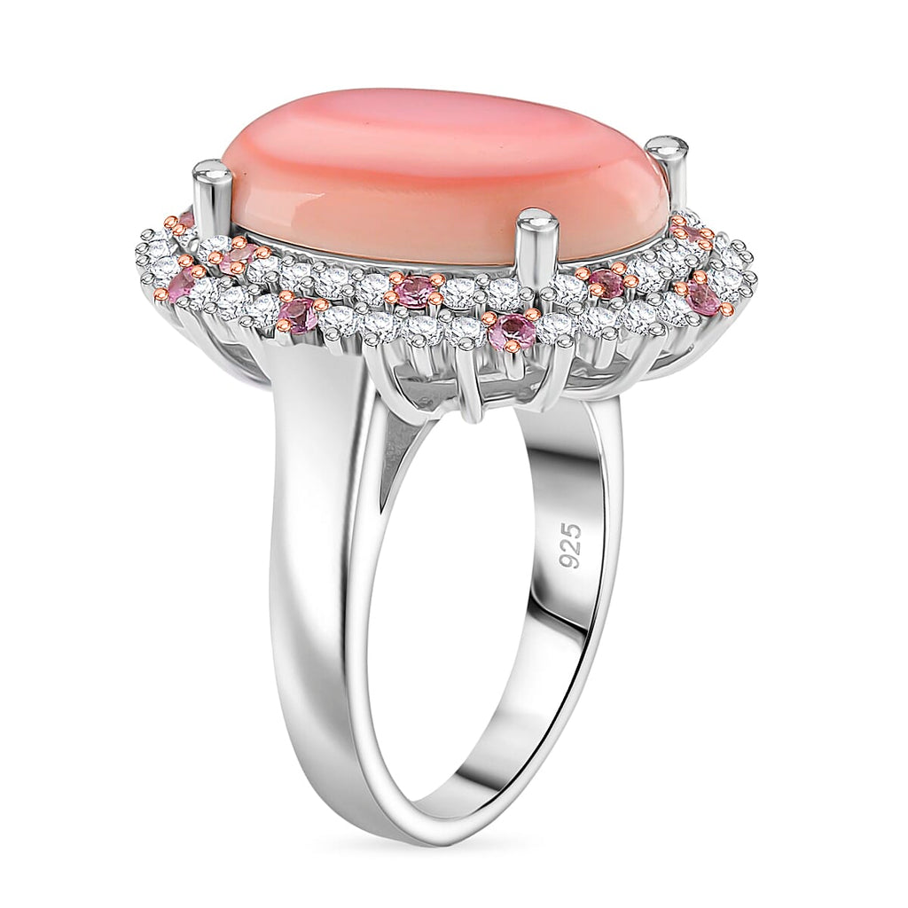 Queen Conch Shell, Pink Sapphire & White Zircon Ring in Rose Gold Plated Sterling Silver 9.87 Ct, Silver Wt. 6.00 Gms.