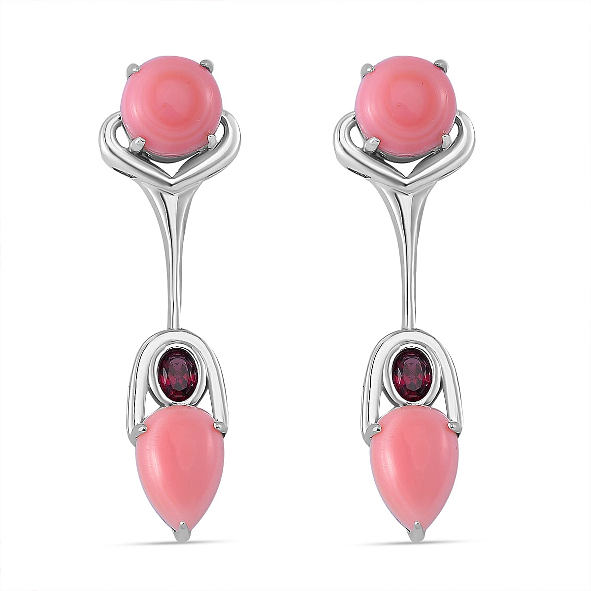 Pink Conch Shell, Rhodolite Garnet Dangle Push Post Earrings in Rhodium Overlay Sterling Silver, Silver Wt. 5.5 Gms 9.360 Ct. 7802332 0
