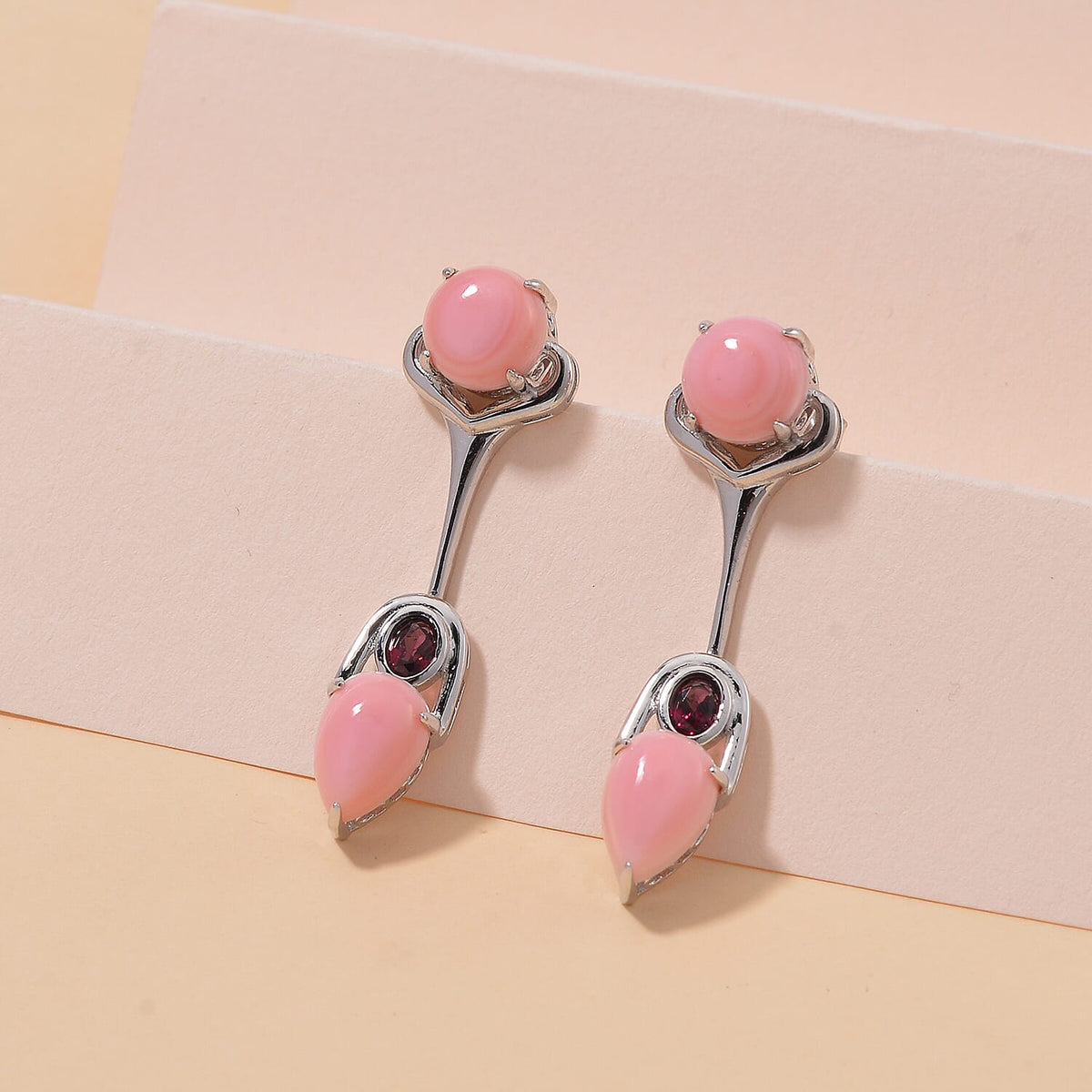 Pink Conch Shell, Rhodolite Garnet Dangle Push Post Earrings in Rhodium Overlay Sterling Silver, Silver Wt. 5.5 Gms 9.360 Ct. 7802332 2