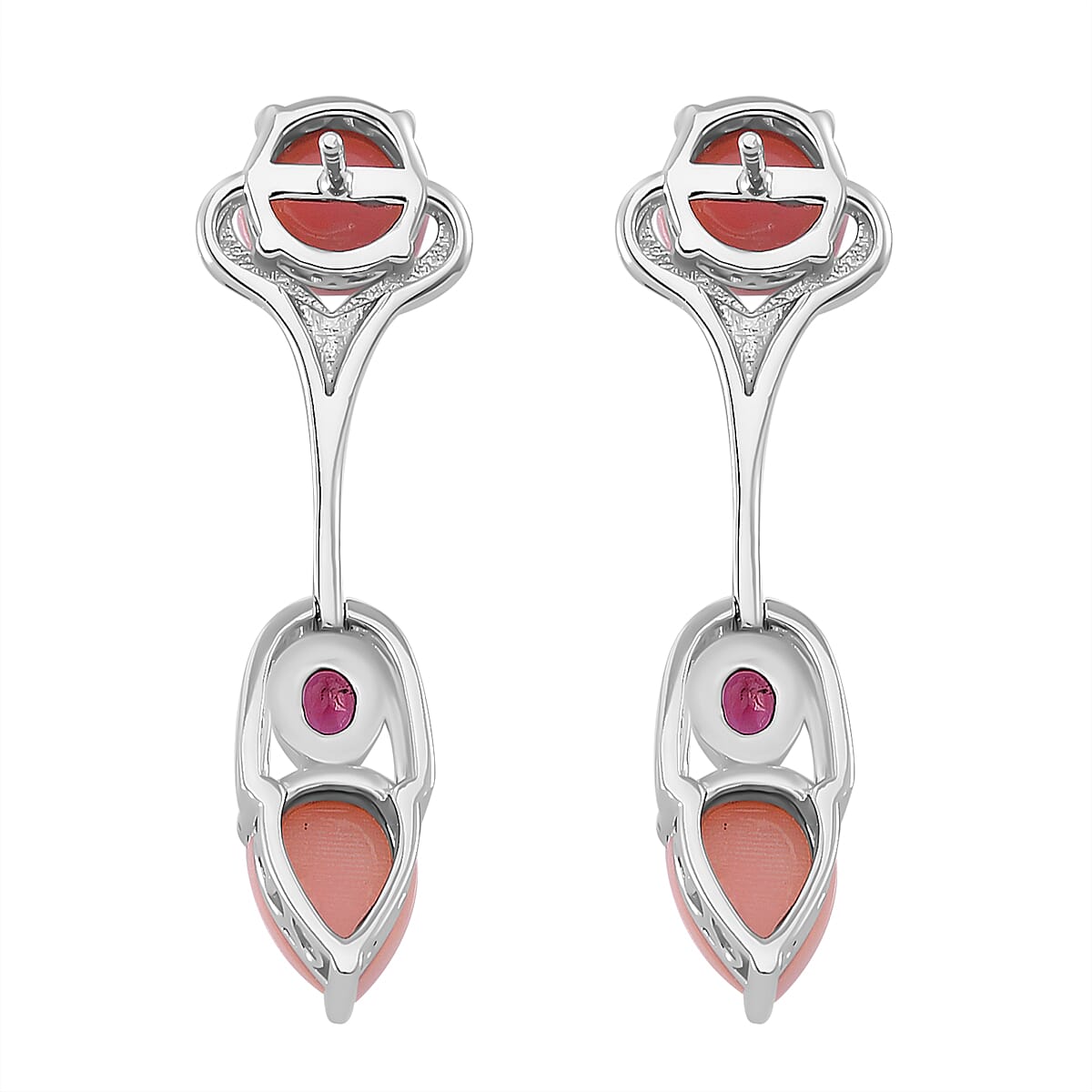 Pink Conch Shell, Rhodolite Garnet Dangle Push Post Earrings in Rhodium Overlay Sterling Silver, Silver Wt. 5.5 Gms 9.360 Ct. 7802332 5