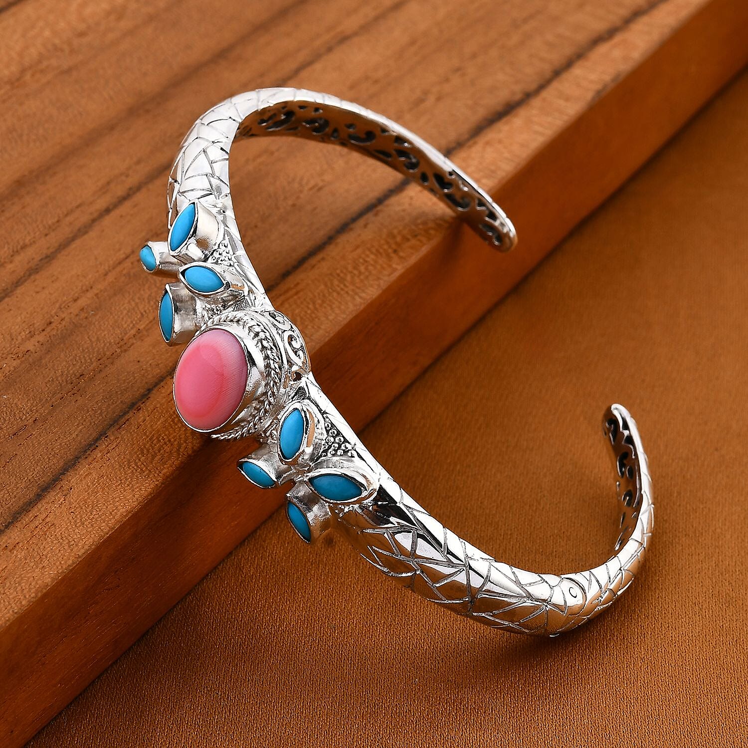 Royal Bali Collection - Pink Conch Shell, Sleeping Beauty Turquoise Bangle in Sterling Silver 7.5 Inch 7856187 2