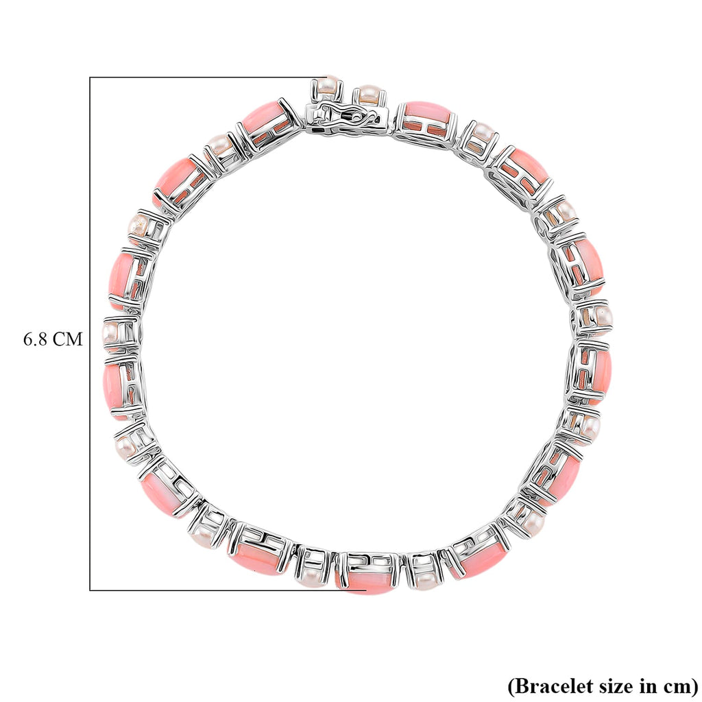 Pink Conch Shell & White Fresh Water Pearl Bracelet (Size - 8) in Rhodium Overlay Sterling Silver 23.70 Ct, Silver Wt. 12.20 Gms.
