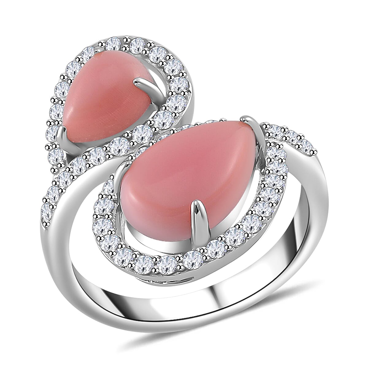 Pink Conch Shell, White Zircon Bypass Ring in Rhodium Overlay Sterling Silver, Silver Wt. 5.3 Gms 5.690 Ct. 7802237 0