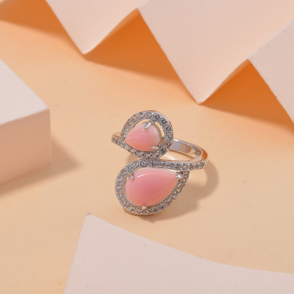 Pink Conch Shell, White Zircon Bypass Ring in Rhodium Overlay Sterling Silver, Silver Wt. 5.3 Gms 5.690 Ct. 7802237 2