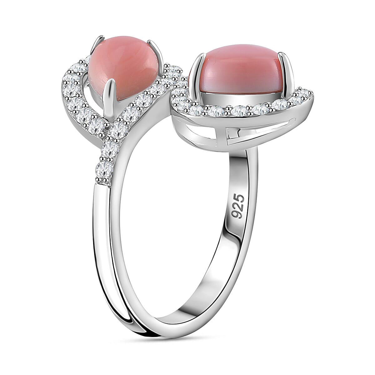 Pink Conch Shell, White Zircon Bypass Ring in Rhodium Overlay Sterling Silver, Silver Wt. 5.3 Gms 5.690 Ct. 7802237 4