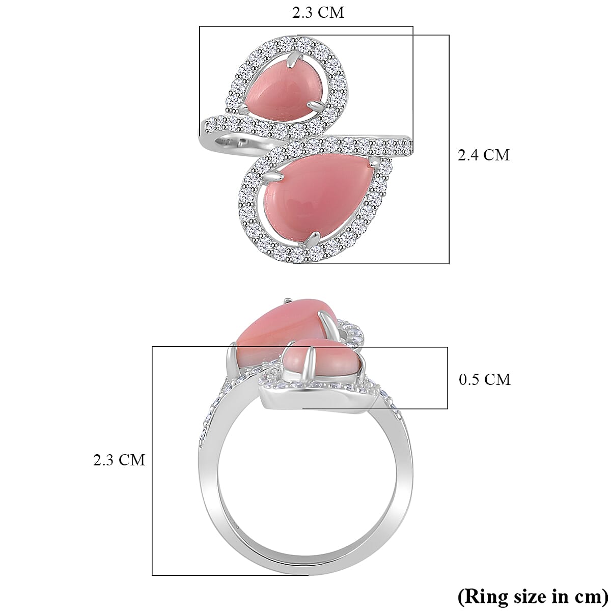 Pink Conch Shell, White Zircon Bypass Ring in Rhodium Overlay Sterling Silver, Silver Wt. 5.3 Gms 5.690 Ct. 7802237 6