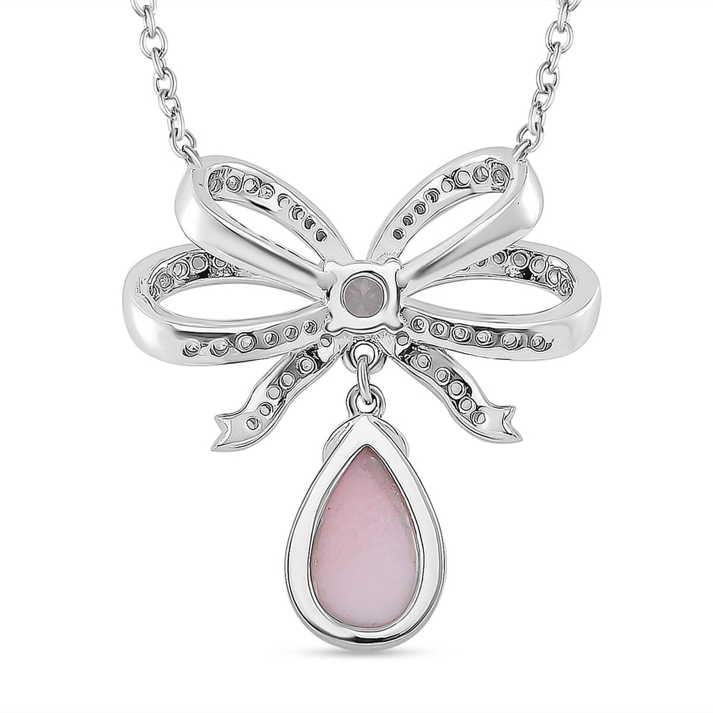 Queen Conch Shell & White Zircon Knot Necklace (Size - 18) in Rhodium Overlay Sterling Silver 6.36 Ct.