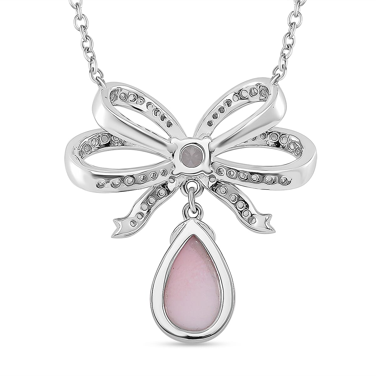 Pink Conch Shell, White Zircon Knot Necklace (Size - 18) in Rhodium Overlay Sterling Silver,  Silver Wt. 5.25 Gms  6.360  Ct. 7860523 4
