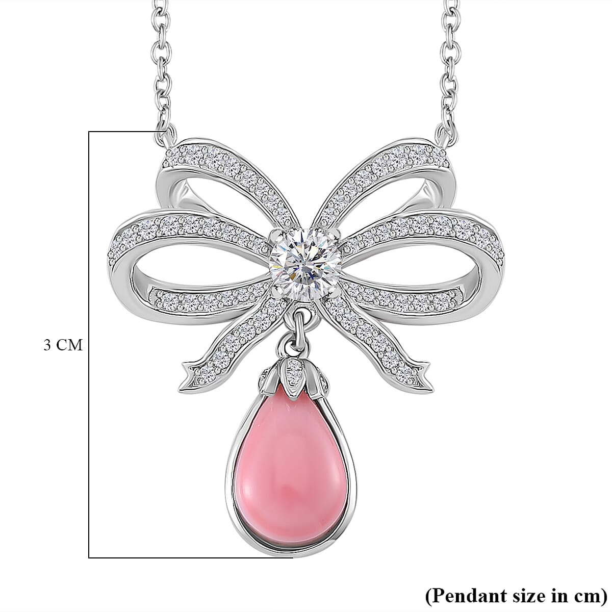Pink Conch Shell, White Zircon Knot Necklace (Size - 18) in Rhodium Overlay Sterling Silver,  Silver Wt. 5.25 Gms  6.360  Ct. 7860523 6