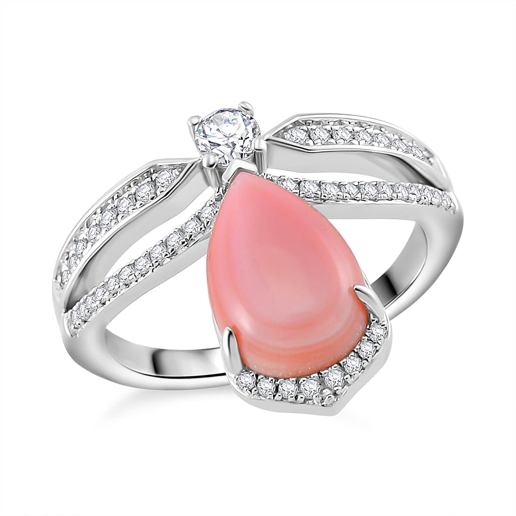 Queen Conch Shell & White Zircon Ring in Rhodium Overlay Sterling Silver 4.04 Ct