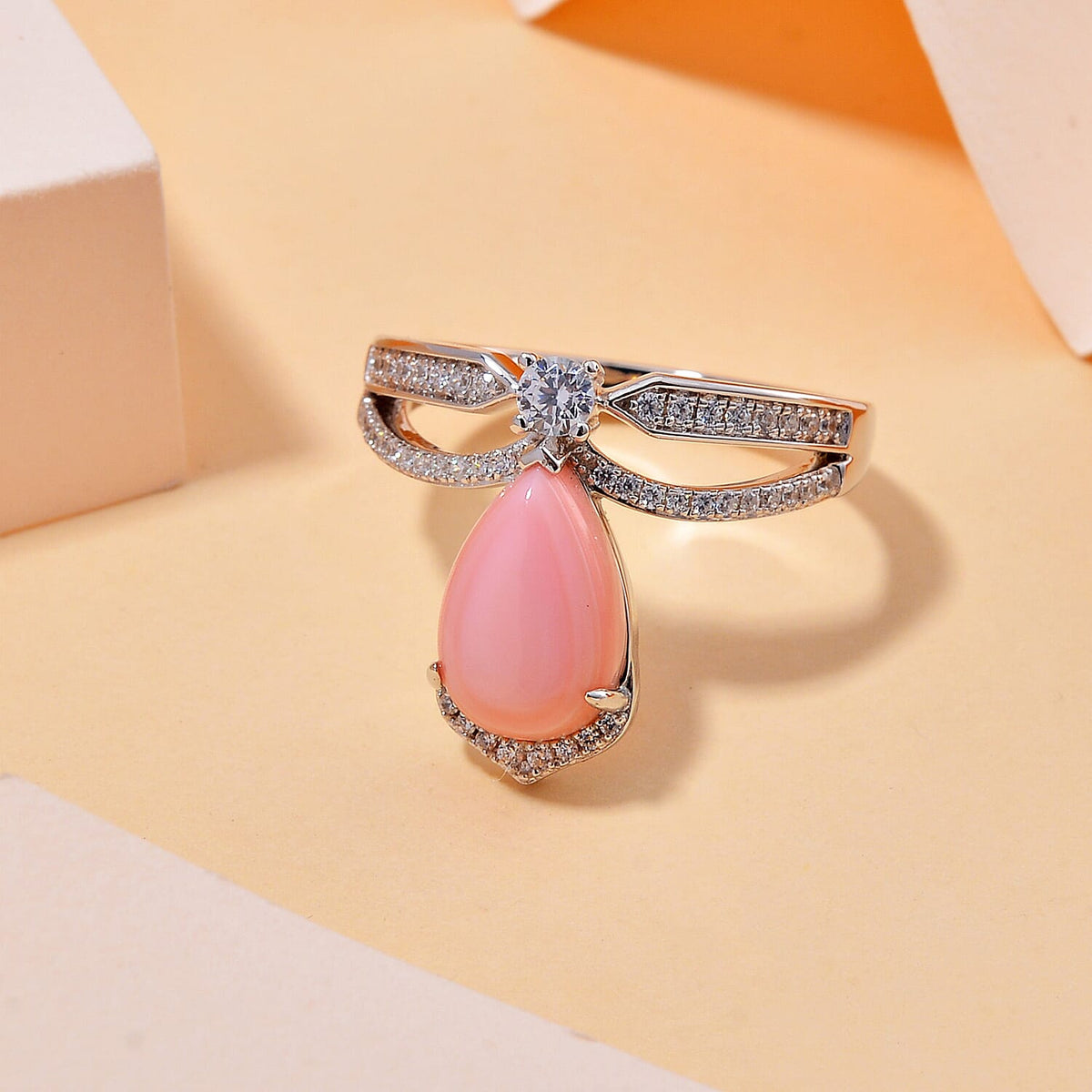Pink Conch Shell, White Zircon Fancy Ring in Rhodium Plated Sterling Silver 4.040 Ct. 7807377 2