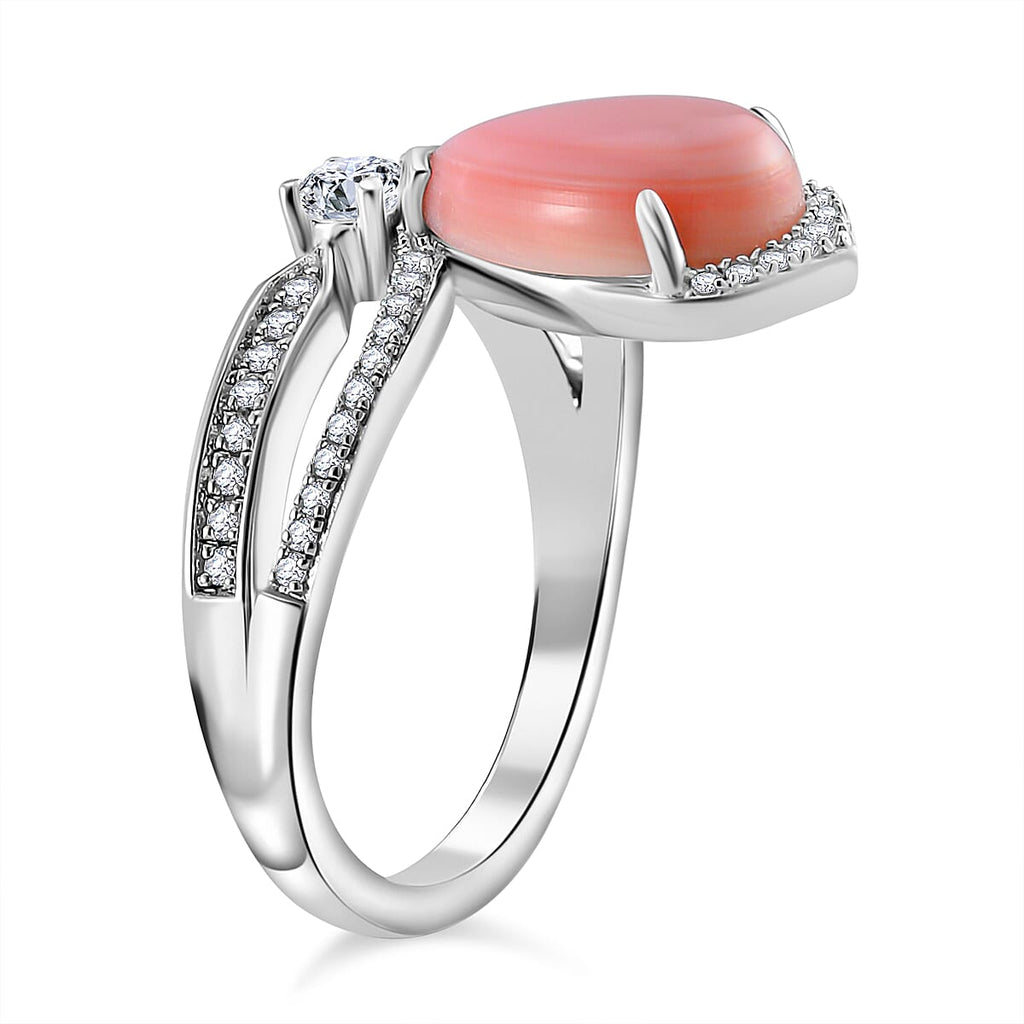 Queen Conch Shell & White Zircon Ring in Rhodium Overlay Sterling Silver 4.04 Ct