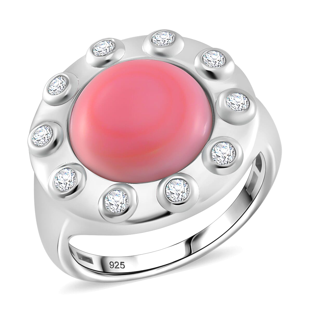 Pink Conch Shell, White Zircon Ring in Rhodium Overlay Sterling Silver, Silver Wt. 5.7 Gms 6.650 Ct. 7802301 0