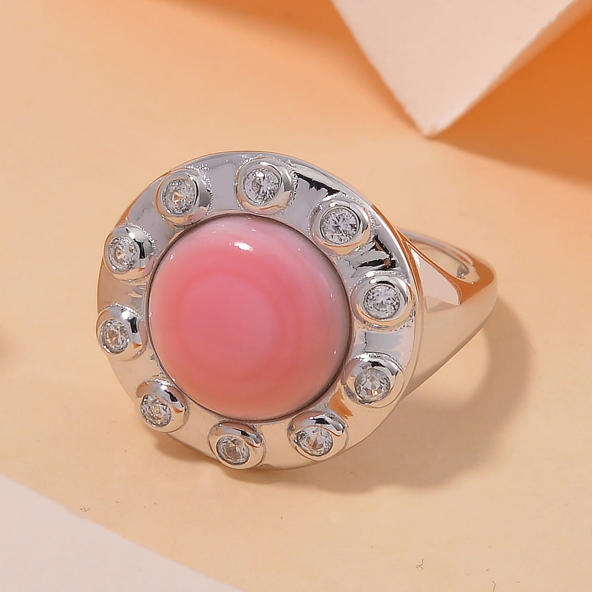 Pink Conch Shell, White Zircon Ring in Rhodium Overlay Sterling Silver, Silver Wt. 5.7 Gms 6.650 Ct. 7802301 2