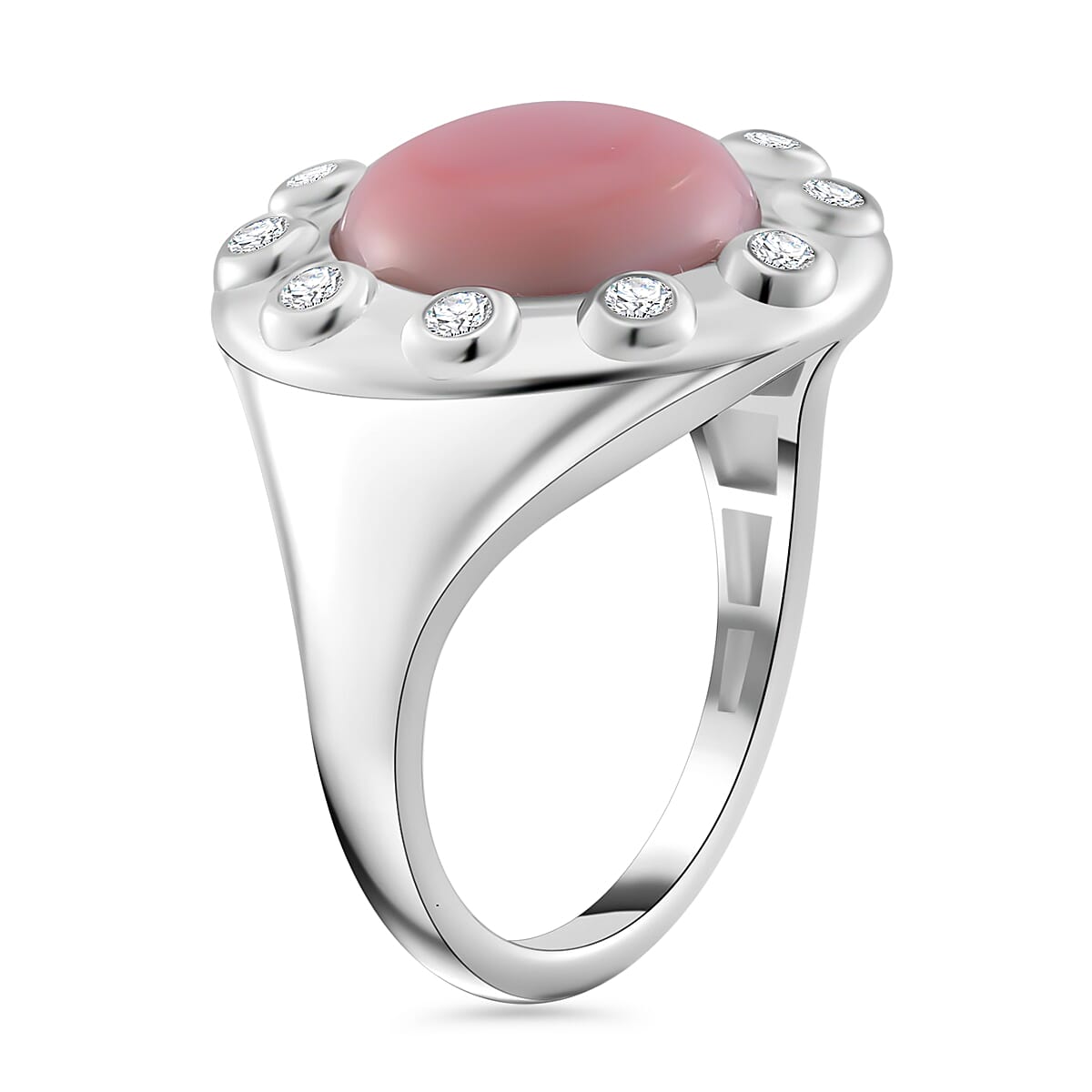 Pink Conch Shell, White Zircon Ring in Rhodium Overlay Sterling Silver, Silver Wt. 5.7 Gms 6.650 Ct. 7802301 4