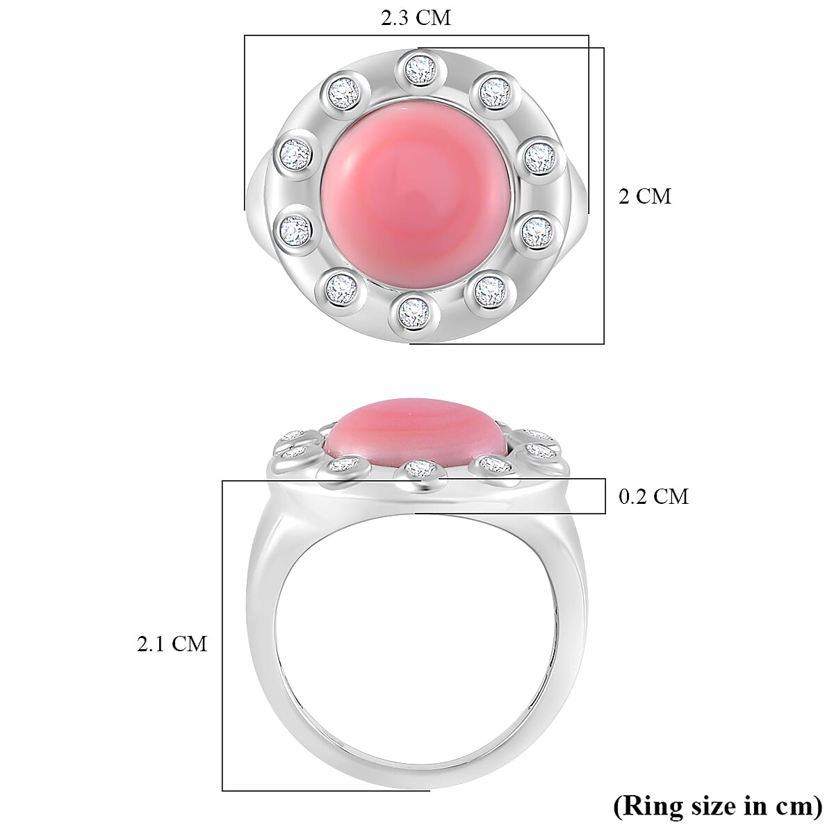 Pink Conch Shell, White Zircon Ring in Rhodium Overlay Sterling Silver, Silver Wt. 5.7 Gms 6.650 Ct. 7802301 6