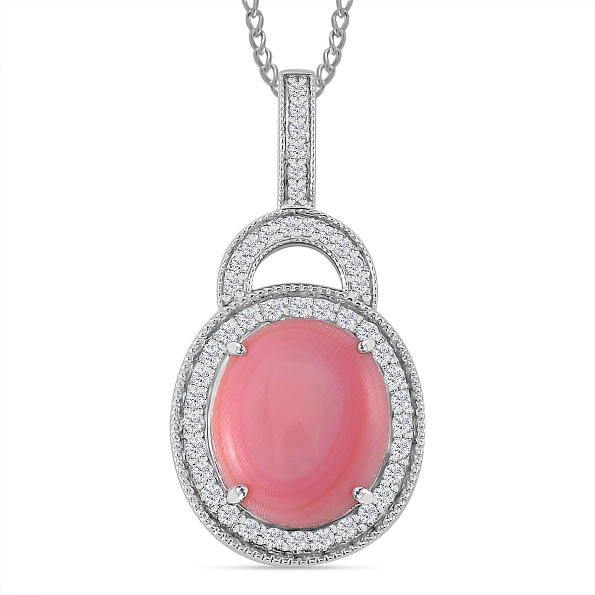 Pink Conch Shell, White Zircon Halo Pendant with Chain (Size 18) in Platinum and Rhodium Sterling Silver,  Silver Wt. 6.2 Gms  7.570  Ct. 4282822 0