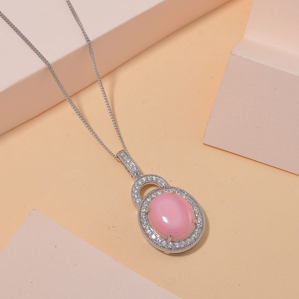 Pink Conch Shell, White Zircon Halo Pendant with Chain (Size 18) in Platinum and Rhodium Sterling Silver,  Silver Wt. 6.2 Gms  7.570  Ct. 4282822 2