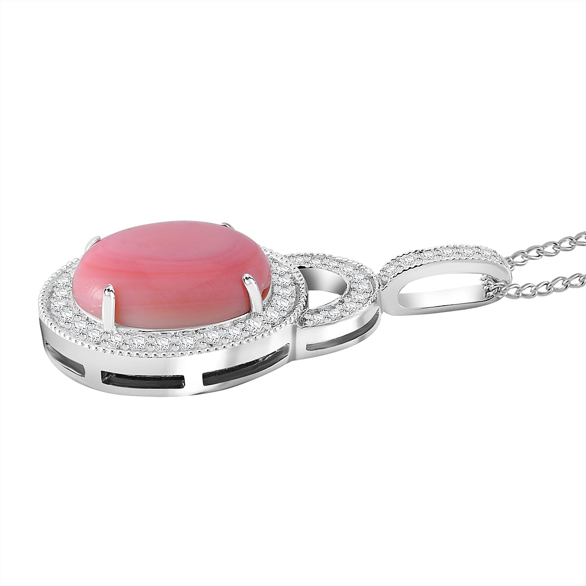 Pink Conch Shell, White Zircon Halo Pendant with Chain (Size 18) in Platinum and Rhodium Sterling Silver,  Silver Wt. 6.2 Gms  7.570  Ct. 4282822 3