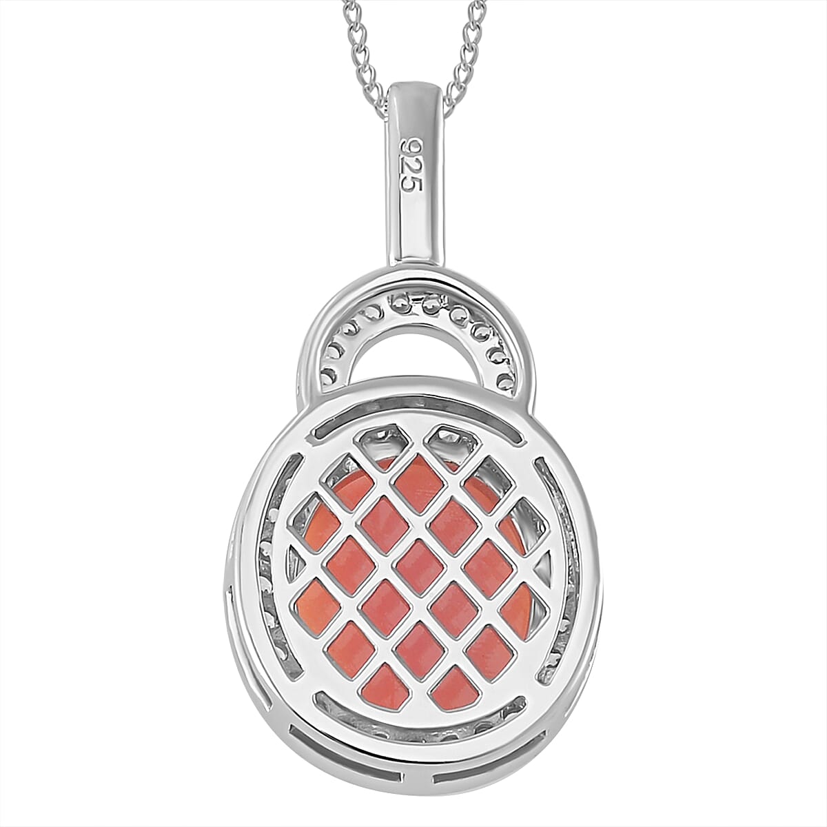 Pink Conch Shell, White Zircon Halo Pendant with Chain (Size 18) in Platinum and Rhodium Sterling Silver,  Silver Wt. 6.2 Gms  7.570  Ct. 4282822 4