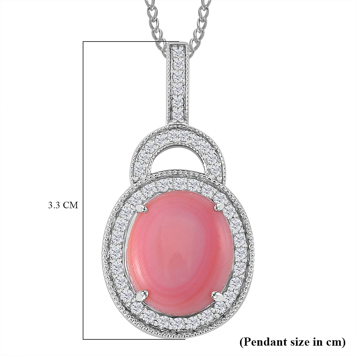 Pink Conch Shell, White Zircon Halo Pendant with Chain (Size 18) in Platinum and Rhodium Sterling Silver,  Silver Wt. 6.2 Gms  7.570  Ct. 4282822 6